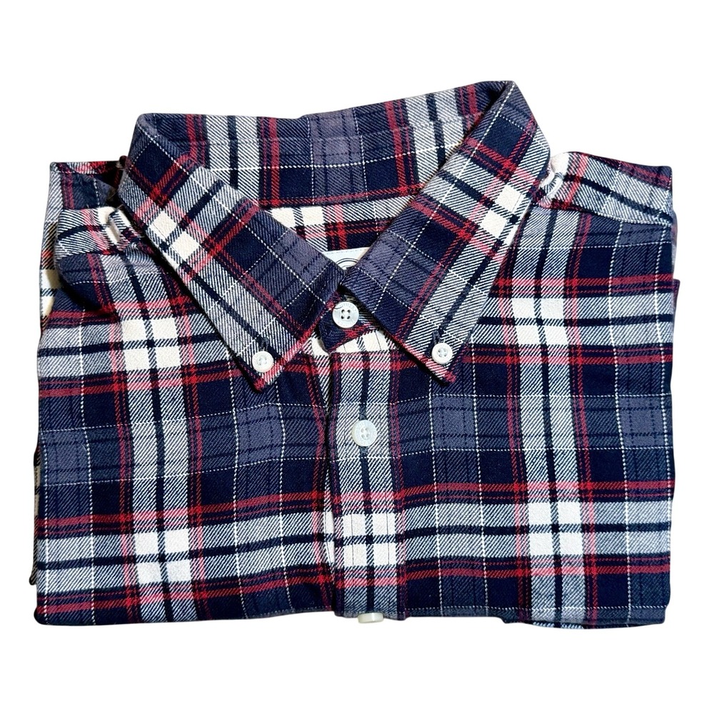 Southern Proper Mens L Plaid Flannel Shirt Navy Red Cotton Button Down Preppy